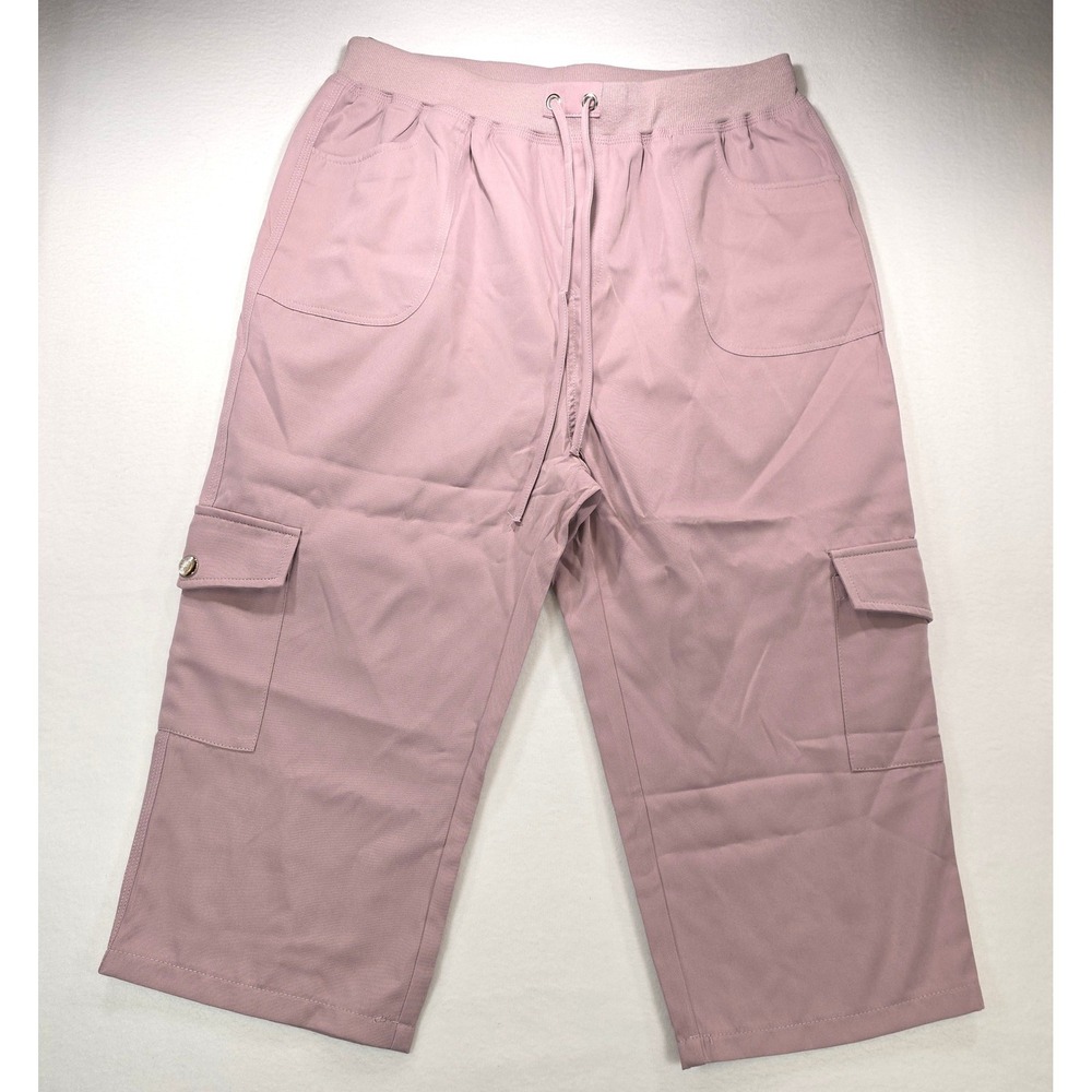 Mauve Pink Cargo Capri Pants Women Large Elastic Drawstring Waist Utility Crop